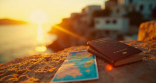 Lottery ticket with Greek island map beside unopened passport and travel documents in quiet coastal village at golden hour