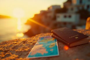 Lottery ticket with Greek island map beside unopened passport and travel documents in quiet coastal village at golden hour