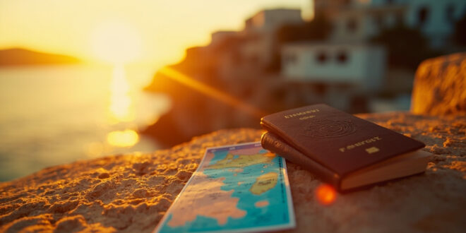 Lottery ticket with Greek island map beside unopened passport and travel documents in quiet coastal village at golden hour