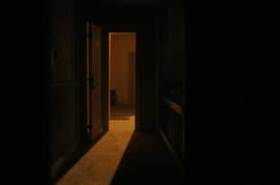 Dark hallway with bedroom door slightly open, warm light filtering through the gap into shadowy corridor.