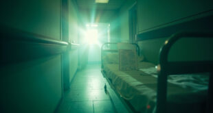 Empty hospital bed with medical documents in a sterile corridor with abandoned equipment, revealing medical misinformation