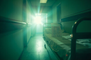 Empty hospital bed with medical documents in a sterile corridor with abandoned equipment, revealing medical misinformation