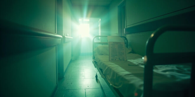 Empty hospital bed with medical documents in a sterile corridor with abandoned equipment, revealing medical misinformation