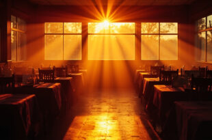 Empty chairs and tables in an abandoned Southern restaurant with a closed sign in warm amber light