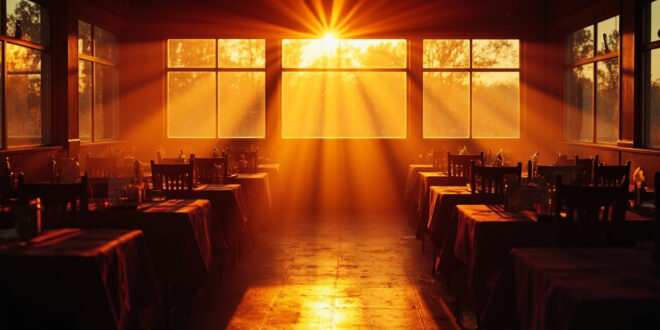 Empty chairs and tables in an abandoned Southern restaurant with a closed sign in warm amber light