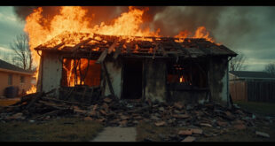 Burned house with collapsed roof, blackened facade, and scattered debris in front yard