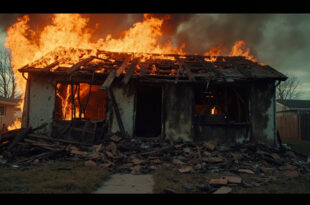 Burned house with collapsed roof, blackened facade, and scattered debris in front yard
