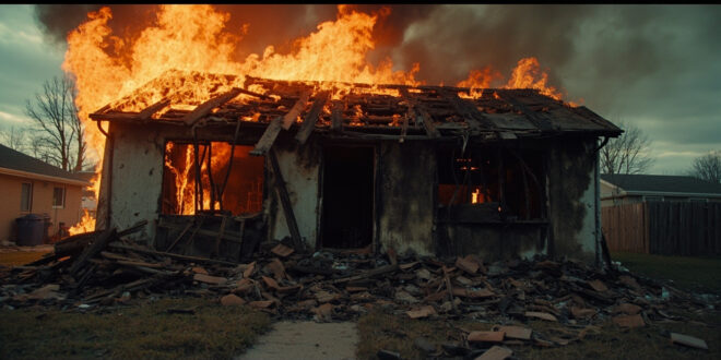 Burned house with collapsed roof, blackened facade, and scattered debris in front yard