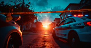 Police barrier tape and abandoned equipment at a residential building entrance at dawn during a criminal investigation