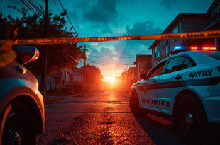 Police barrier tape and abandoned equipment at a residential building entrance at dawn during a criminal investigation
