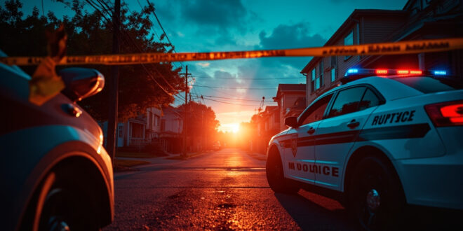 Police barrier tape and abandoned equipment at a residential building entrance at dawn during a criminal investigation