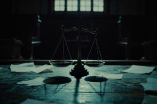 Bronze scales of justice on wooden courtroom desk with legal documents scattered around in dim lighting