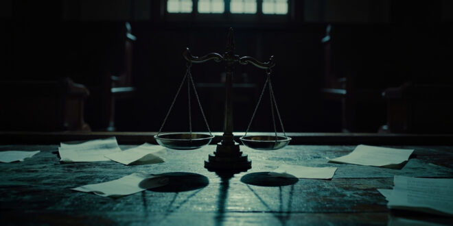 Bronze scales of justice on wooden courtroom desk with legal documents scattered around in dim lighting