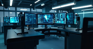 Computer forensics workstation with multiple screens showing digital investigation data in a modern police facility