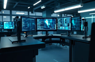Computer forensics workstation with multiple screens showing digital investigation data in a modern police facility