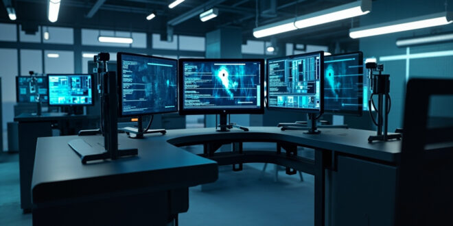 Computer forensics workstation with multiple screens showing digital investigation data in a modern police facility