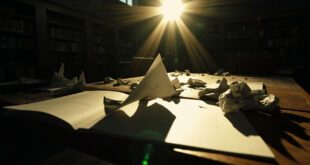 Legal documents and plagiarism allegations scattered across an empty wooden desk in abandoned university library study room