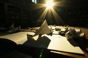 Legal documents and plagiarism allegations scattered across an empty wooden desk in abandoned university library study room