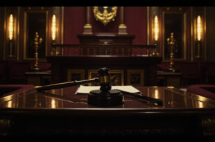 Empty parliamentary podium with ceremonial gavel and official documents in dramatic chamber lighting