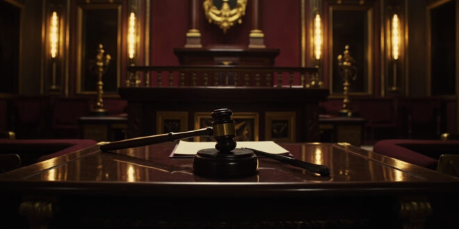 Empty parliamentary podium with ceremonial gavel and official documents in dramatic chamber lighting