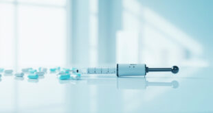 White injection pen device positioned next to blue and white pharmaceutical capsules on sterile laboratory surface