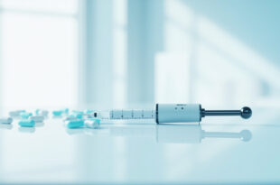 White injection pen device positioned next to blue and white pharmaceutical capsules on sterile laboratory surface