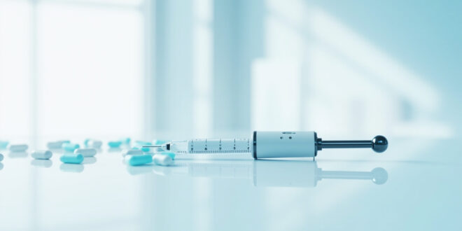 White injection pen device positioned next to blue and white pharmaceutical capsules on sterile laboratory surface