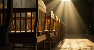Five empty vintage wooden baby cradles arranged in a row within a softly lit memorial museum display