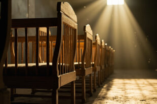 Five empty vintage wooden baby cradles arranged in a row within a softly lit memorial museum display