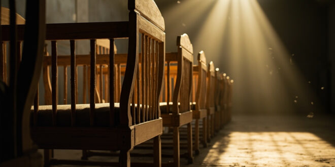 Five empty vintage wooden baby cradles arranged in a row within a softly lit memorial museum display