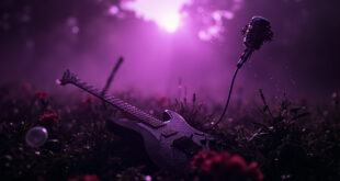 Abandoned electric guitar against memorial flowers and lone microphone stand with gothic arrangements in misty English estate grounds