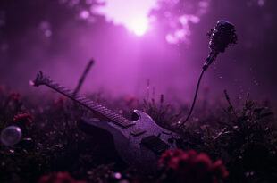Abandoned electric guitar against memorial flowers and lone microphone stand with gothic arrangements in misty English estate grounds