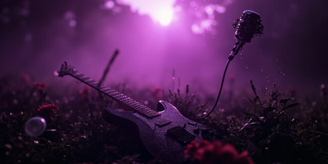 Abandoned electric guitar against memorial flowers and lone microphone stand with gothic arrangements in misty English estate grounds
