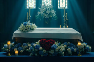 Oak casket on church altar surrounded by white and blue flower wreaths and heart-shaped memorial arrangement