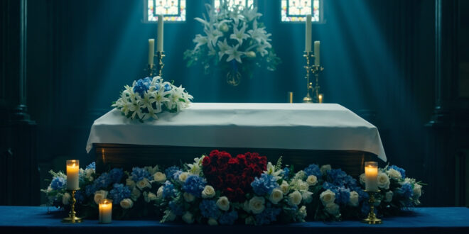 Oak casket on church altar surrounded by white and blue flower wreaths and heart-shaped memorial arrangement