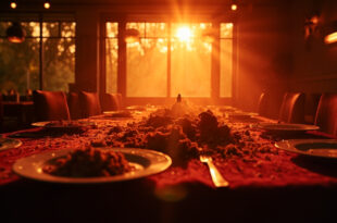 Abandoned table with leftover pasta dishes after political crisis meeting in deserted Italian restaurant