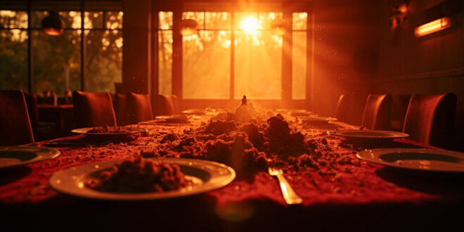 Abandoned table with leftover pasta dishes after political crisis meeting in deserted Italian restaurant