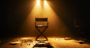 Empty director's chair with script in abandoned television studio after final series wrap, bathed in golden spotlight