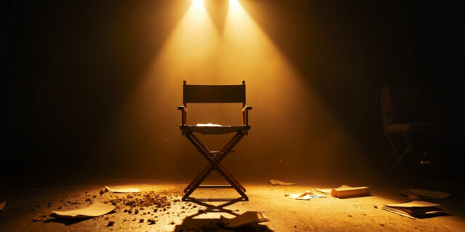 Empty director's chair with script in abandoned television studio after final series wrap, bathed in golden spotlight