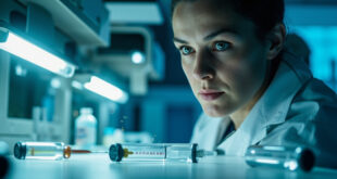 Medical injection device and research papers on laboratory table during pharmaceutical side effects research