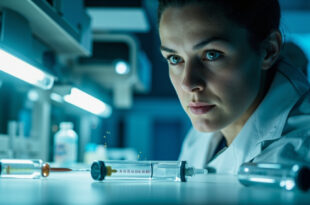 Medical injection device and research papers on laboratory table during pharmaceutical side effects research