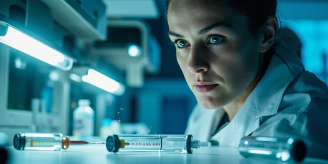 Medical injection device and research papers on laboratory table during pharmaceutical side effects research
