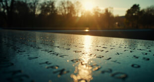 Reflective memorial pool with inscribed names at dawn, water flowing across black granite in solemn plaza