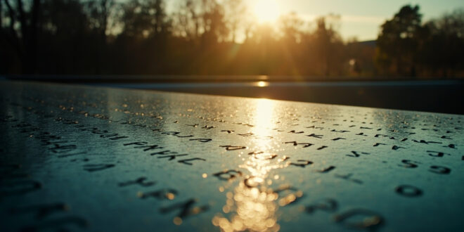 Reflective memorial pool with inscribed names at dawn, water flowing across black granite in solemn plaza
