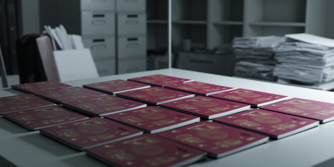 Stack of international passports arranged on government desk with official documents and data charts nearby