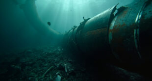 Ruptured underwater pipeline with twisted metal sections scattered across dark ocean floor