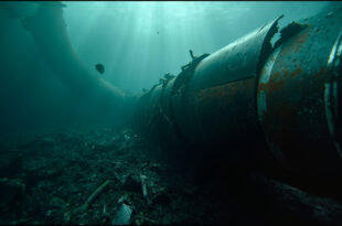 Ruptured underwater pipeline with twisted metal sections scattered across dark ocean floor