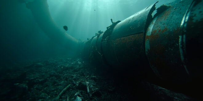 Ruptured underwater pipeline with twisted metal sections scattered across dark ocean floor
