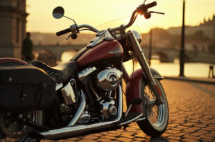 Chrome Harley Davidson motorcycle with red and black flannel shirt draped over seat, Prague cityscape background