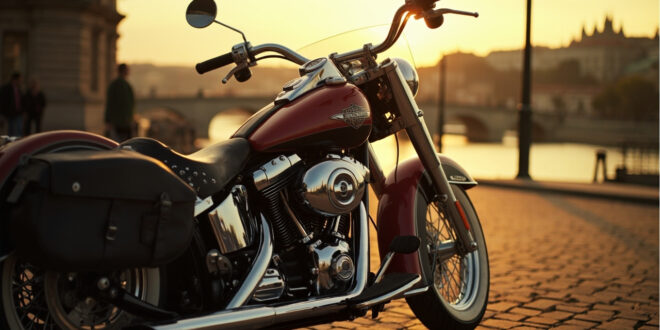 Chrome Harley Davidson motorcycle with red and black flannel shirt draped over seat, Prague cityscape background